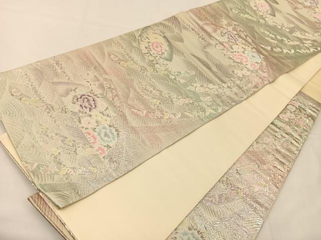 平和屋着物◎六通柄袋帯 唐織 扇面花文 銀糸 正絹 逸品 BAAT7615ow