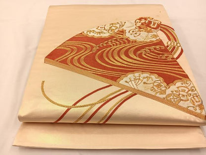 平和屋着物◎太鼓柄袋帯　総駒刺繍　扇面吉祥文　金糸　正絹　逸品　BAAT7617ow