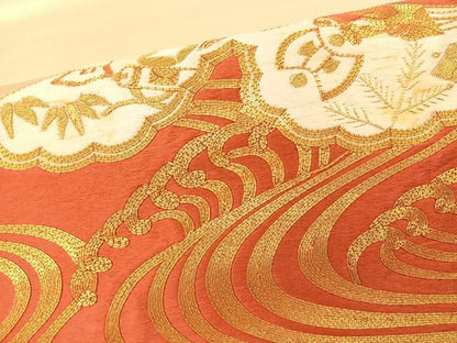 平和屋着物◎太鼓柄袋帯　総駒刺繍　扇面吉祥文　金糸　正絹　逸品　BAAT7617ow