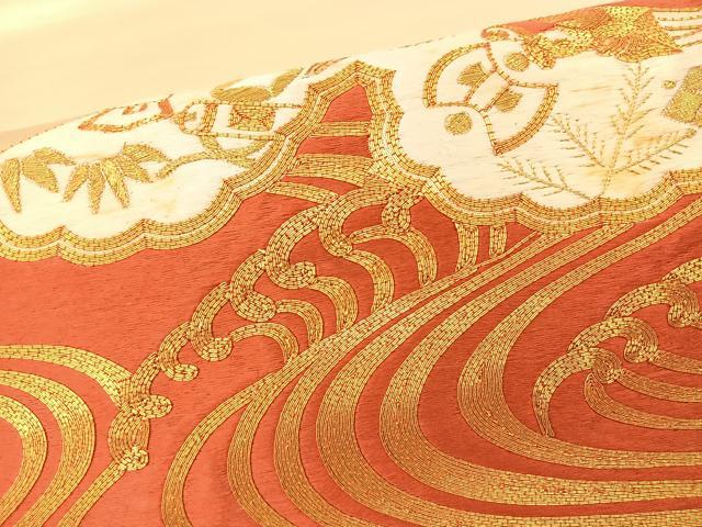 平和屋着物◎太鼓柄袋帯　総駒刺繍　扇面吉祥文　金糸　正絹　逸品　BAAT7617ow