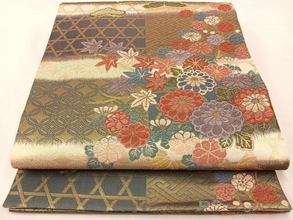 平和屋着物◎六通柄袋帯 古典唐織 籠目草花文 金糸 正絹 逸品 BAAT7640ow