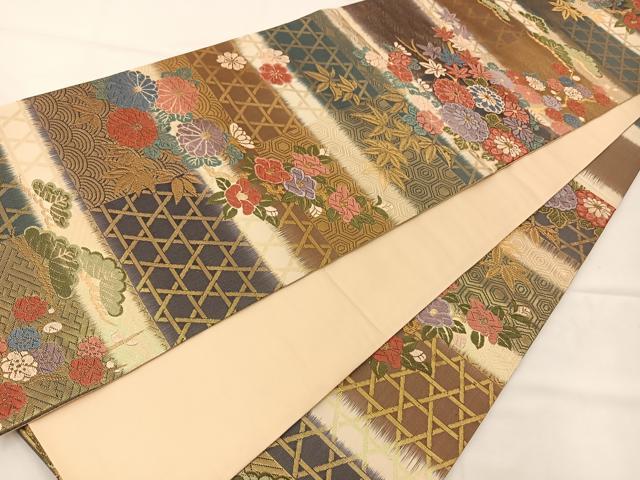平和屋着物◎六通柄袋帯 古典唐織 籠目草花文 金糸 正絹 逸品 BAAT7640ow