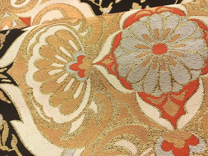 平和屋着物◎六通柄袋帯 花 黒地 金銀糸 正絹 逸品 BAAT7662ow