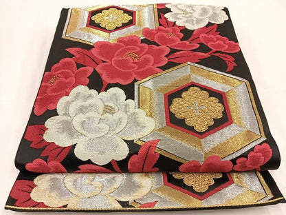 平和屋着物◎六通柄袋帯 唐織 亀甲花文 黒地 金銀糸 正絹 逸品 BAAT7670ow