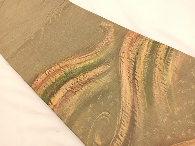 平和屋着物◎太鼓柄袋帯 作家物 ふくれ織 流水文 金糸 正絹 逸品 BAAT7683ow
