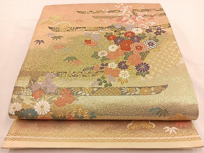平和屋着物◎六通柄袋帯 唐織 草花文 金糸 正絹 逸品 BAAT7688ow