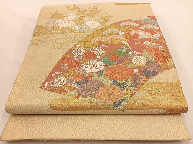 平和屋着物◎太鼓柄袋帯 唐織 綴れ 地紙花鳥文 金銀糸 正絹 逸品 BAAT7700ow