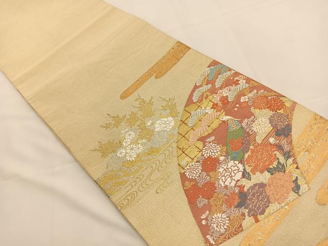 平和屋着物◎太鼓柄袋帯 唐織 綴れ 地紙花鳥文 金銀糸 正絹 逸品 BAAT7700ow