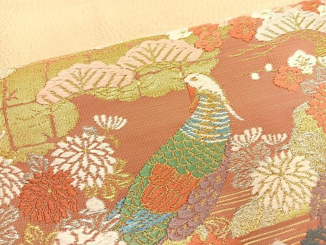 平和屋着物◎太鼓柄袋帯 唐織 綴れ 地紙花鳥文 金銀糸 正絹 逸品 BAAT7700ow