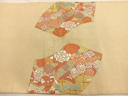 平和屋着物◎太鼓柄袋帯 唐織 綴れ 地紙花鳥文 金銀糸 正絹 逸品 BAAT7700ow