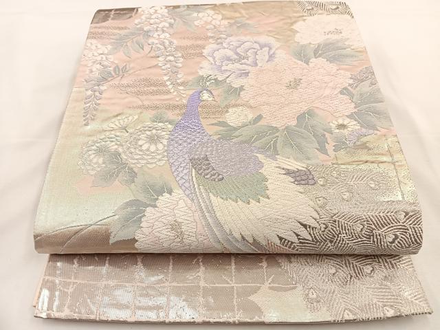 平和屋着物◎六通柄袋帯 唐織 孔雀花文 プラチナ二重織 正絹 逸品 BAAT7725ow