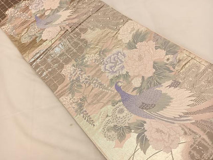 平和屋着物◎六通柄袋帯 唐織 孔雀花文 プラチナ二重織 正絹 逸品 BAAT7725ow
