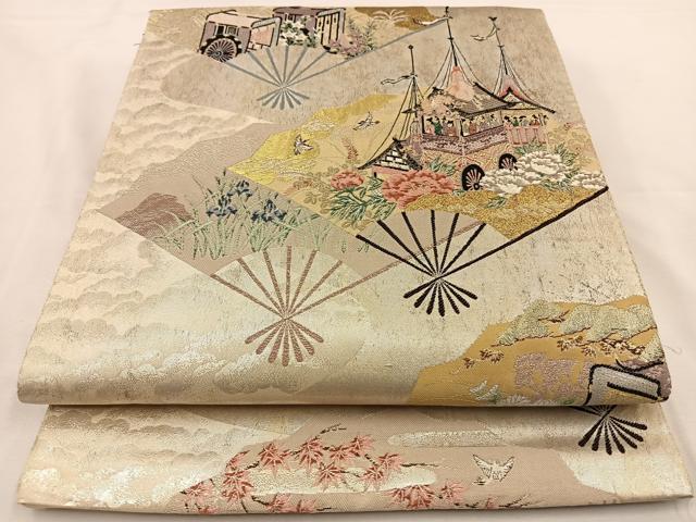 平和屋着物◎六通柄袋帯 唐織 扇面洛中図 金銀糸 引箔 正絹 逸品 BAAT7727ow