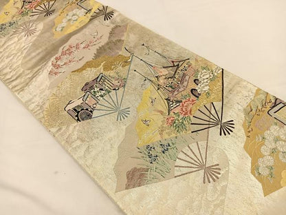 平和屋着物◎六通柄袋帯 唐織 扇面洛中図 金銀糸 引箔 正絹 逸品 BAAT7727ow