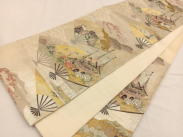 平和屋着物◎六通柄袋帯 唐織 扇面洛中図 金銀糸 引箔 正絹 逸品 BAAT7727ow