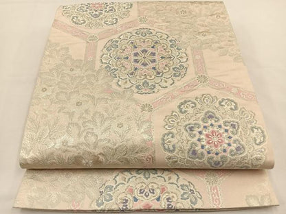 平和屋着物◎六通柄袋帯　唐織　亀甲花文　銀糸　正絹　逸品　BAAT7730ow