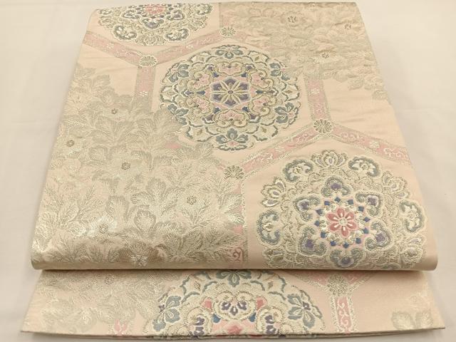 平和屋着物◎六通柄袋帯　唐織　亀甲花文　銀糸　正絹　逸品　BAAT7730ow
