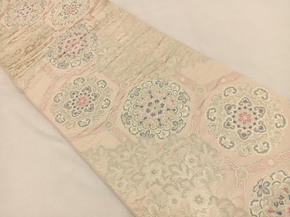 平和屋着物◎六通柄袋帯　唐織　亀甲花文　銀糸　正絹　逸品　BAAT7730ow