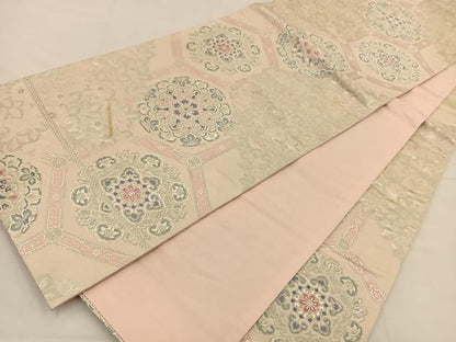 平和屋着物◎六通柄袋帯　唐織　亀甲花文　銀糸　正絹　逸品　BAAT7730ow