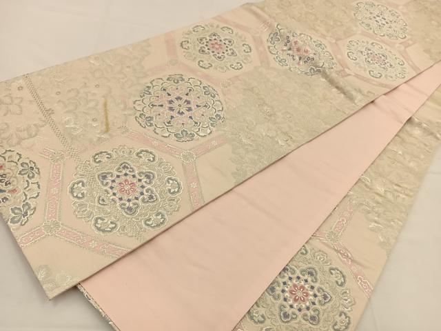 平和屋着物◎六通柄袋帯　唐織　亀甲花文　銀糸　正絹　逸品　BAAT7730ow