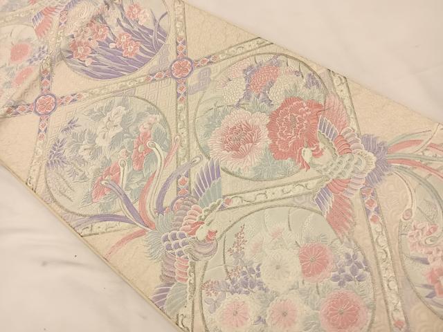 平和屋着物◎六通柄袋帯 唐織 天井花鳥文 銀糸 正絹 逸品 BAAT7767ow