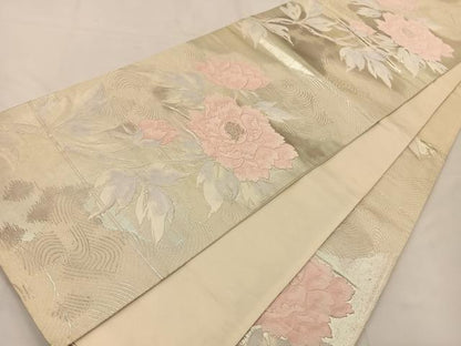 平和屋着物◎六通柄袋帯 唐織 枝牡丹 銀糸 正絹 逸品 BAAT7768ow