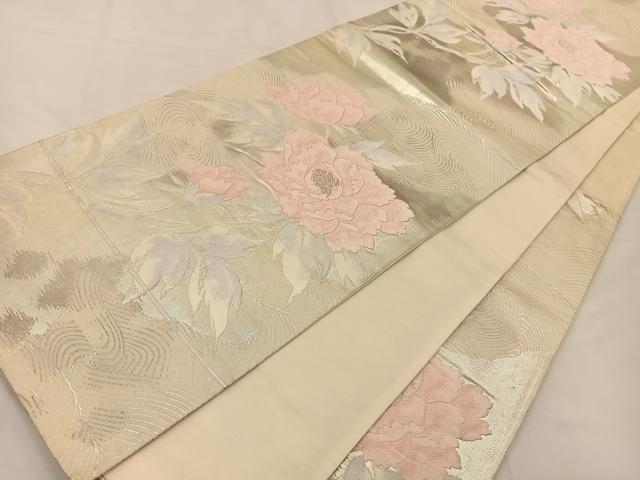 平和屋着物◎六通柄袋帯 唐織 枝牡丹 銀糸 正絹 逸品 BAAT7768ow