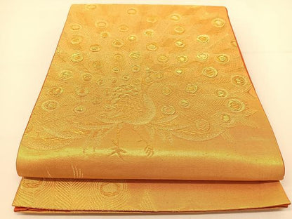 平和屋着物◎六通柄袋帯 孔雀文 金糸 正絹 逸品 BAAT7807yc