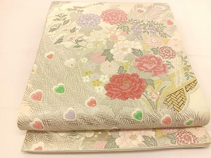 平和屋着物◎六通柄袋帯　孔雀羽雪輪花文　金銀糸　正絹　逸品　BAAT7942yc