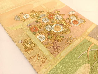 平和屋着物◎太鼓柄袋帯 刺繍 菊花文 金銀糸 正絹 逸品 BAAT7954yc