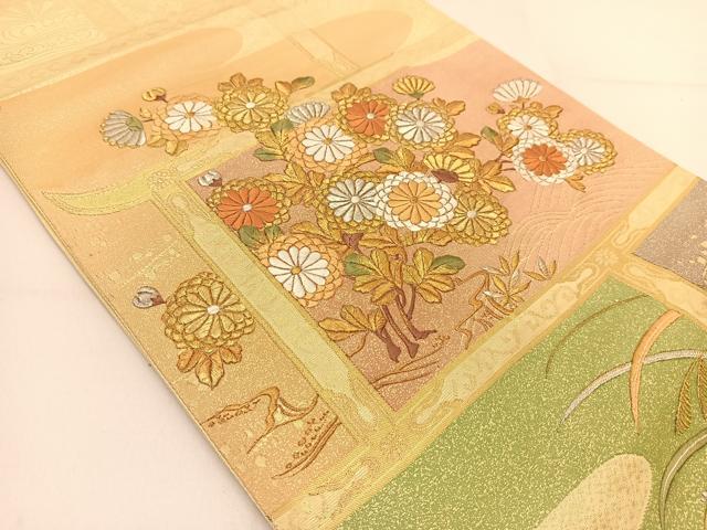 平和屋着物◎太鼓柄袋帯 刺繍 菊花文 金銀糸 正絹 逸品 BAAT7954yc