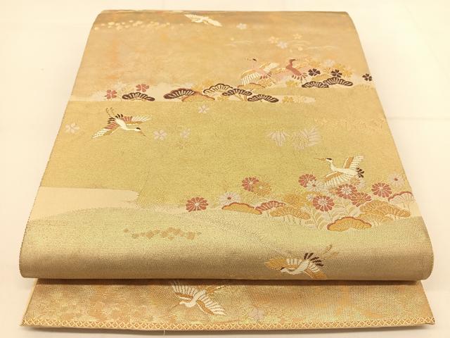 平和屋着物◎六通柄袋帯 御影錦 霞鶴菊草文 金糸 正絹 逸品 BAAT7995yc