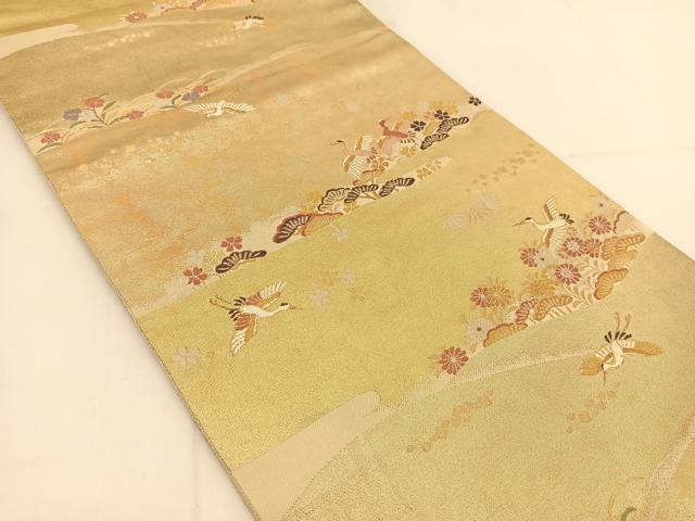 平和屋着物◎六通柄袋帯 御影錦 霞鶴菊草文 金糸 正絹 逸品 BAAT7995yc