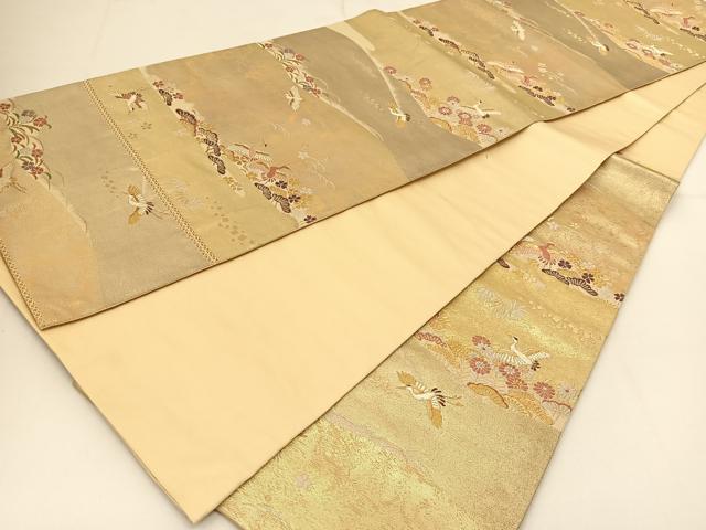 平和屋着物◎六通柄袋帯 御影錦 霞鶴菊草文 金糸 正絹 逸品 BAAT7995yc