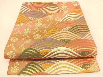 平和屋着物◎六通柄袋帯 唐織 立波青海波花文 金糸 正絹 逸品 BAAT8015yc