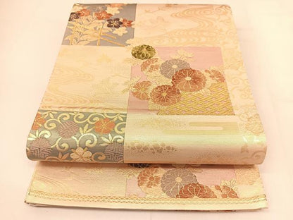 平和屋着物◎六通柄袋帯 色紙花文 金糸 正絹 逸品 BAAT8021yc