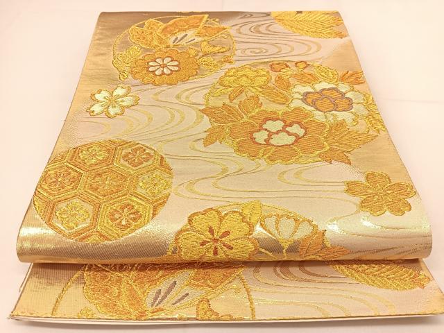 平和屋着物◎六通柄袋帯 流水花蝶丸文 金糸 正絹 逸品 BAAT8027yc