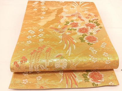 平和屋着物◎六通柄袋帯 色紙鳳凰花文 金糸 正絹 逸品 BAAT8033yc