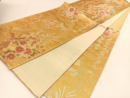 平和屋着物◎六通柄袋帯 色紙鳳凰花文 金糸 正絹 逸品 BAAT8033yc