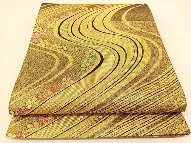 平和屋着物◎六通柄袋帯 流水花文 金糸 正絹 逸品 BAAT8037yc
