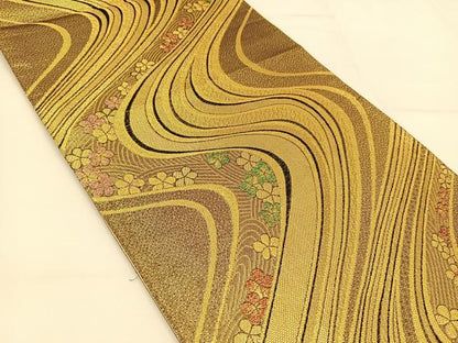 平和屋着物◎六通柄袋帯 流水花文 金糸 正絹 逸品 BAAT8037yc