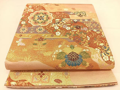 平和屋着物◎六通柄袋帯 唐織 鳳凰道長花文 金糸 正絹 逸品 BAAT8042yc