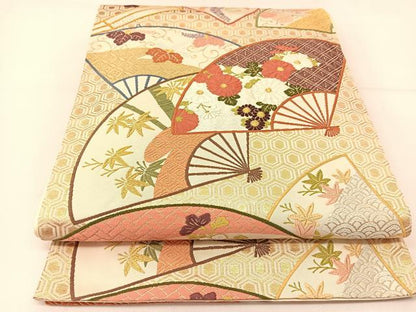 平和屋着物◎六通柄袋帯 唐織 扇面花文 金糸 正絹 逸品 BAAT8049yc