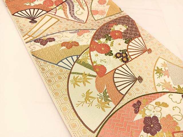 平和屋着物◎六通柄袋帯 唐織 扇面花文 金糸 正絹 逸品 BAAT8049yc