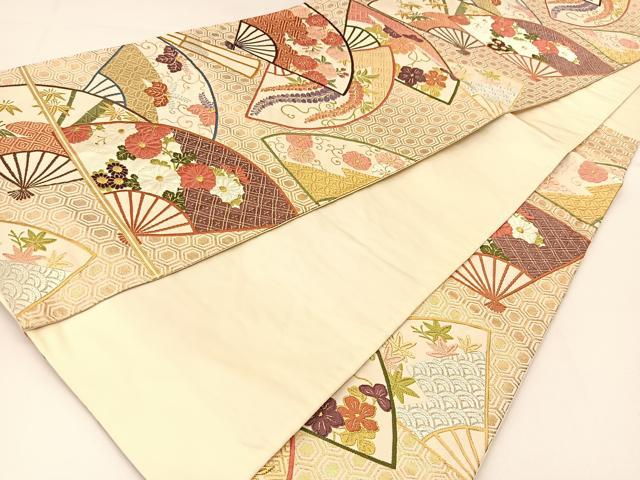 平和屋着物◎六通柄袋帯 唐織 扇面花文 金糸 正絹 逸品 BAAT8049yc