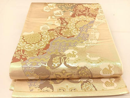 平和屋着物◎六通柄袋帯　有栖川花文　金糸　正絹　逸品　BAAT8067yc