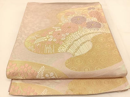 平和屋着物◎六通柄袋帯　唐織　柴垣秋草文　金銀糸　正絹　逸品　BAAT8078yc