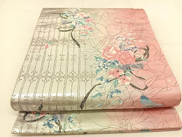平和屋着物◎六通柄袋帯 唐織 飾花文 銀糸 正絹 逸品 BAAT8080yc