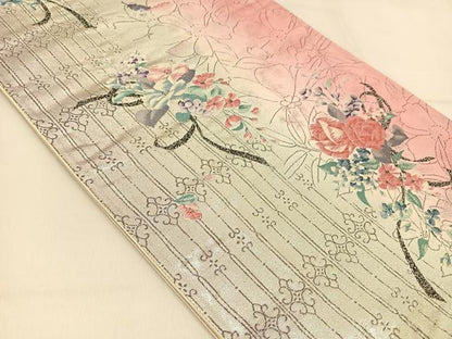 平和屋着物◎六通柄袋帯 唐織 飾花文 銀糸 正絹 逸品 BAAT8080yc