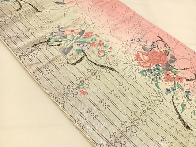 平和屋着物◎六通柄袋帯 唐織 飾花文 銀糸 正絹 逸品 BAAT8080yc